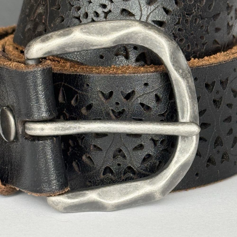 Lucky Brand Black Leather Laser Cut Floral Cutout Belt Boho Western Women's Sz L - Picture 2 of 9